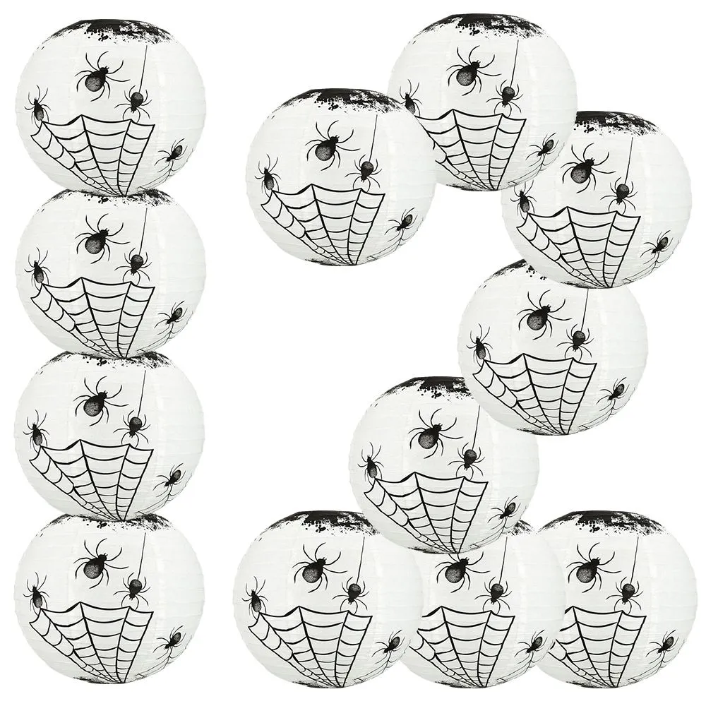 12 PACK | 14" Halloween Spiders Spooky Bug Webs Paper Lantern, Hanging Decoration