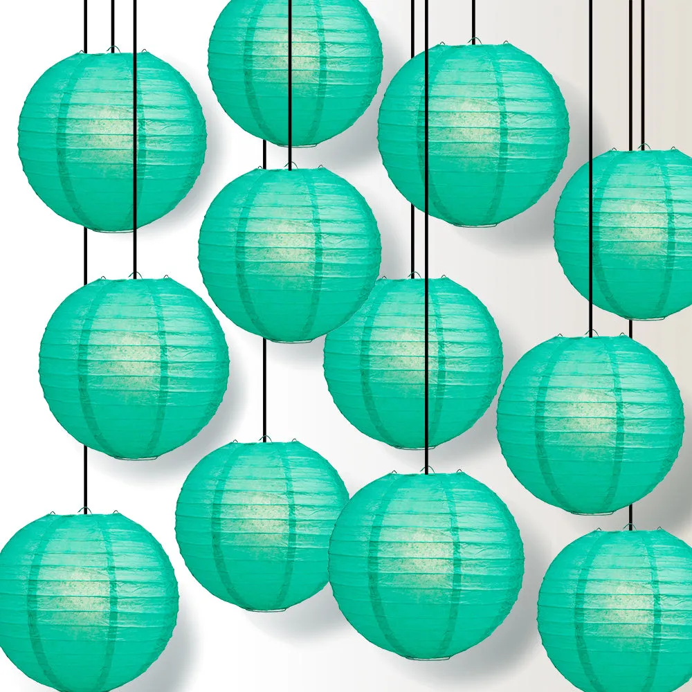 12 PACK | Teal Green Even Ribbing Round Paper Lantern, Hanging Combo Set