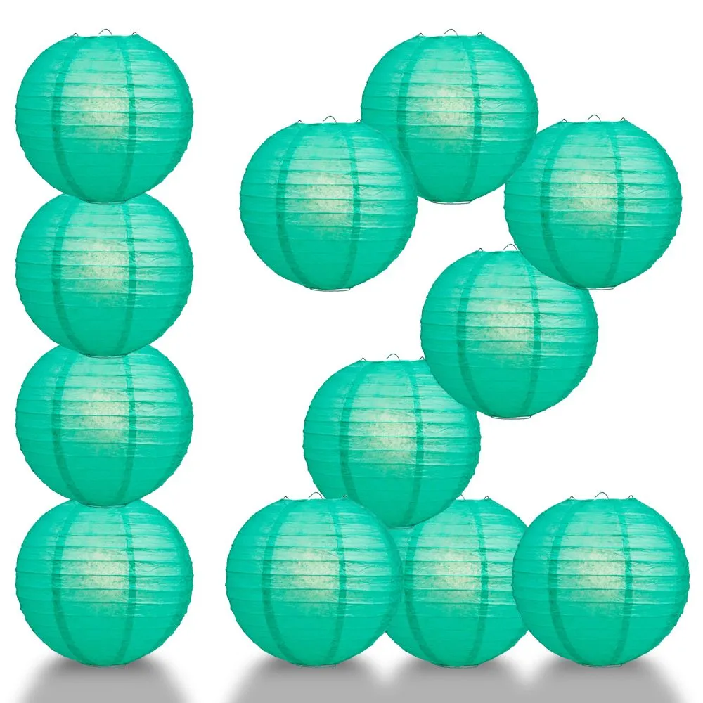 12 PACK | Teal Green Even Ribbing Round Paper Lantern, Hanging Combo Set