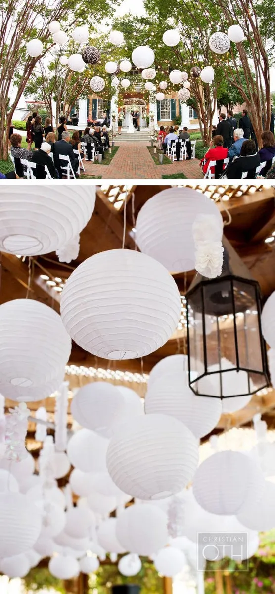 12" White Round Paper Lantern, Crisscross Ribbing, Chinese Hanging Wedding & Party Decoration