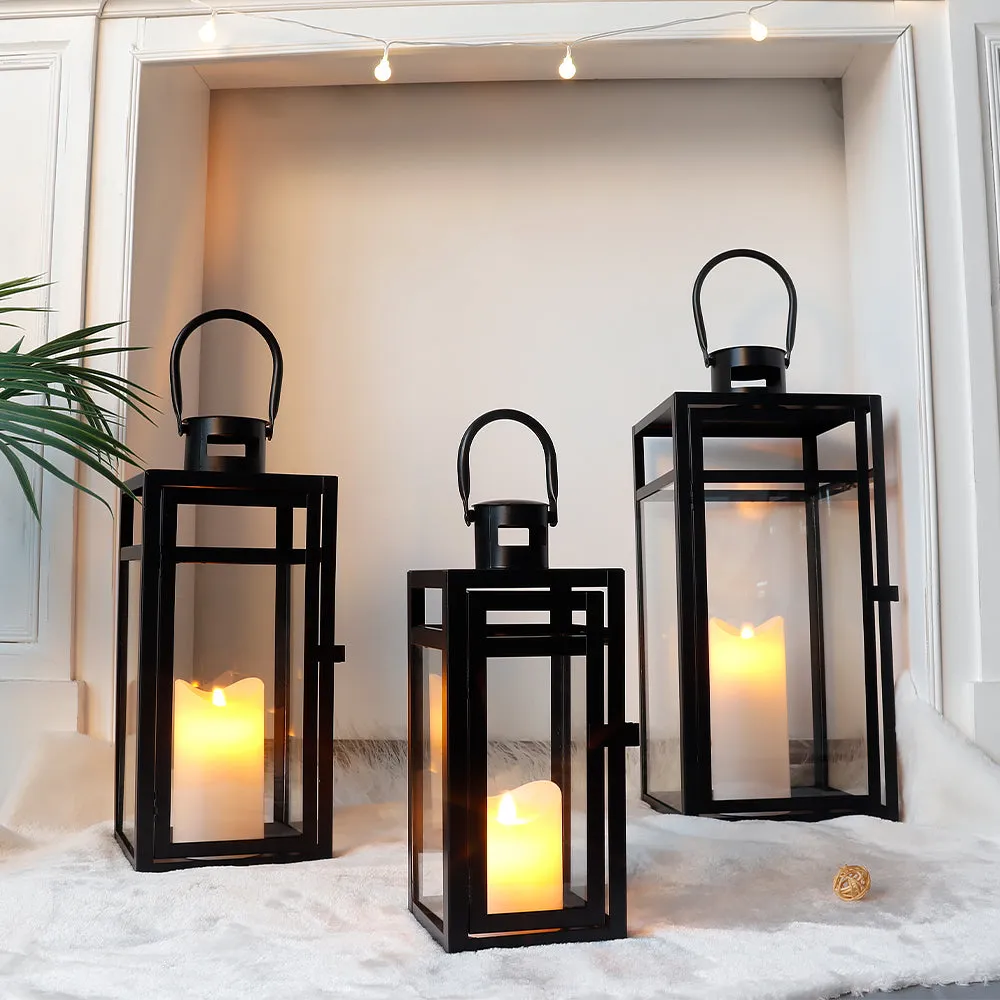 19''&15''&12'' H Stainless Steel Metal Candle Lantern  Candle Holder with Temper Glass Panels(Set of 3 )