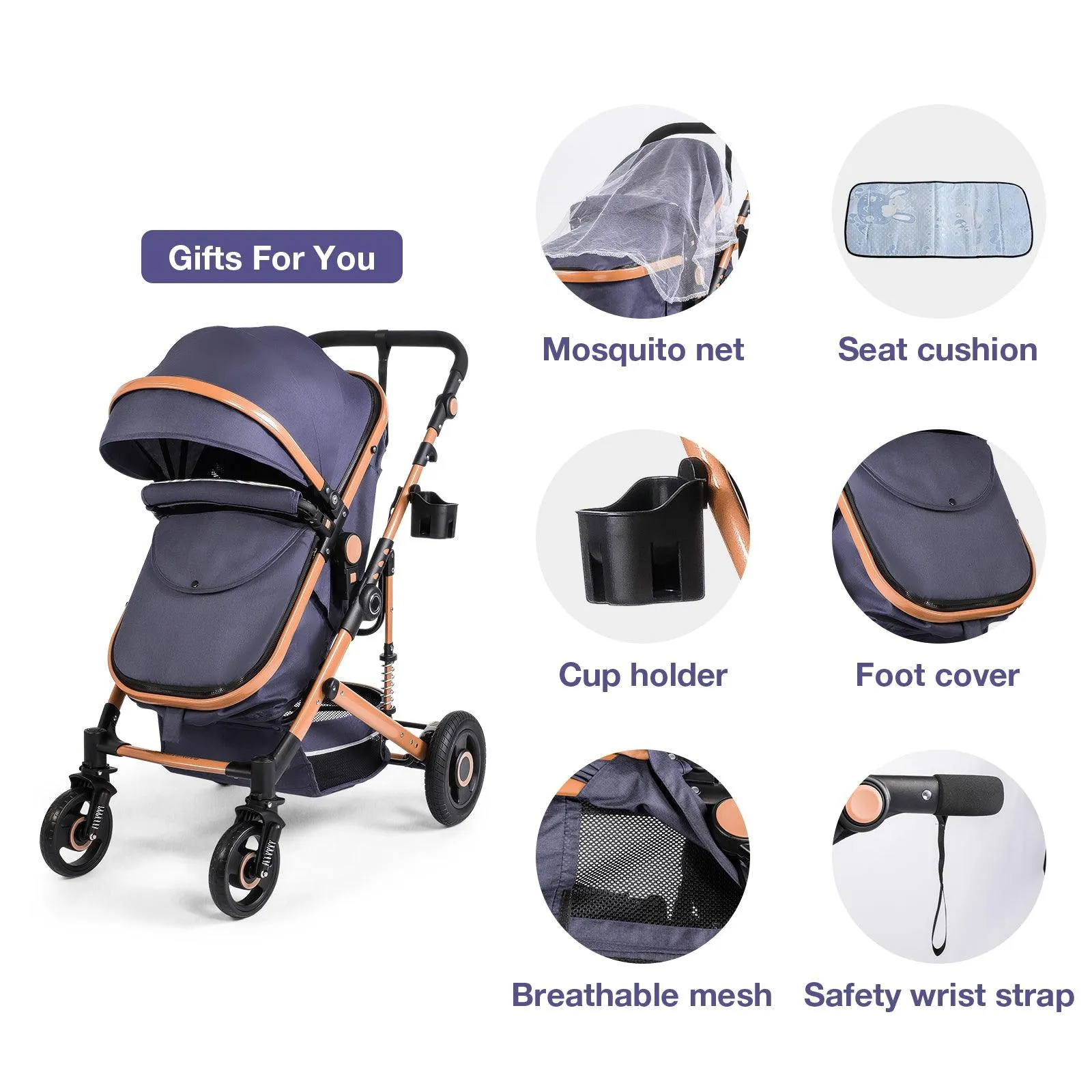 2 in 1 Baby Stroller Newborn Reversible Bassinet Pram Foldable Pushchair with Adjustable Canopy, Navy Blue