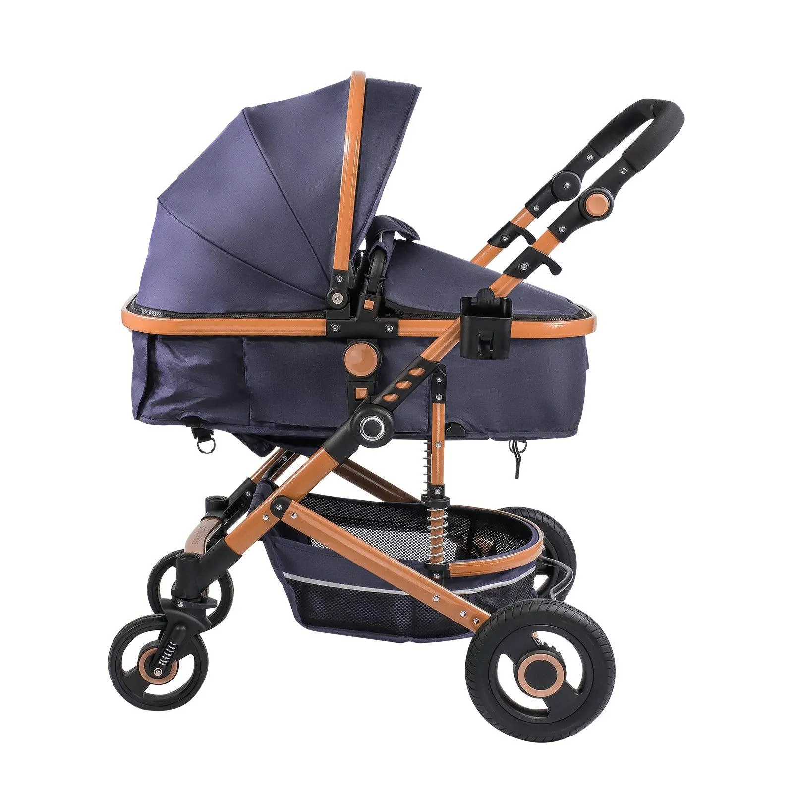 2 in 1 Baby Stroller Newborn Reversible Bassinet Pram Foldable Pushchair with Adjustable Canopy, Navy Blue