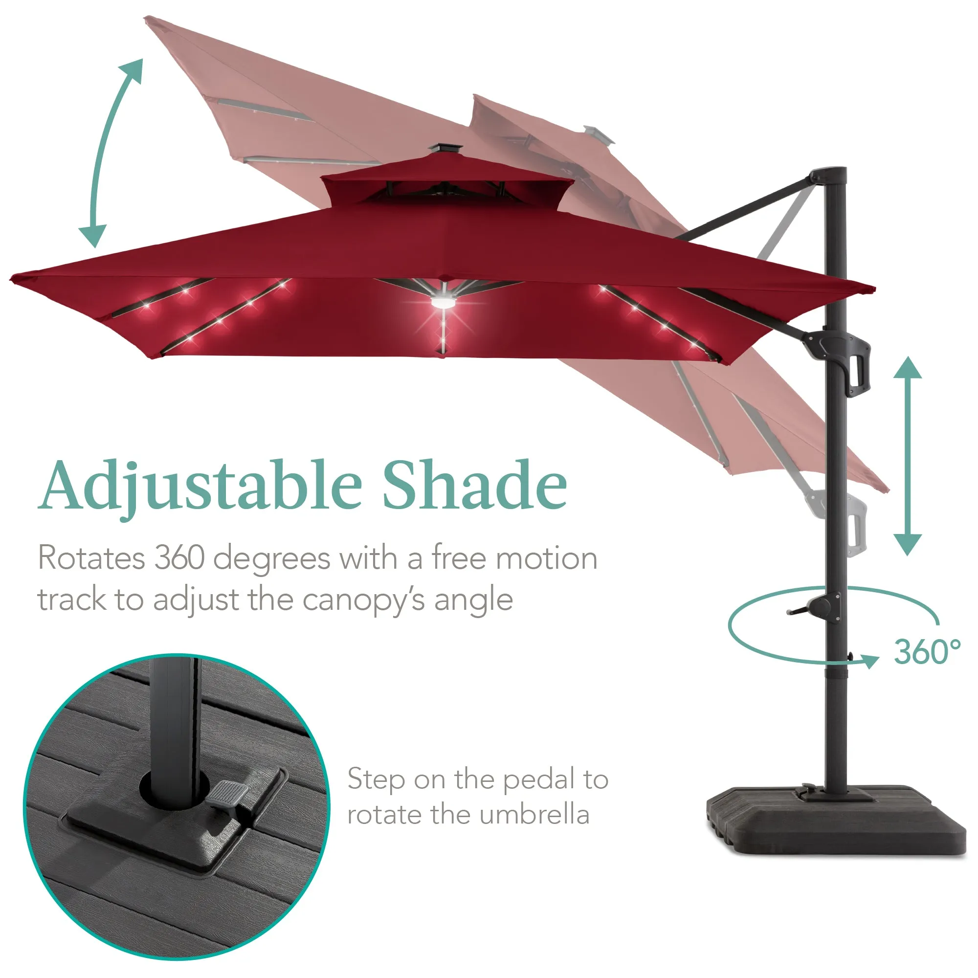 2-Tier Square LED Cantilever Offset Umbrella w/ 360 Rotation, Base - 10x10ft