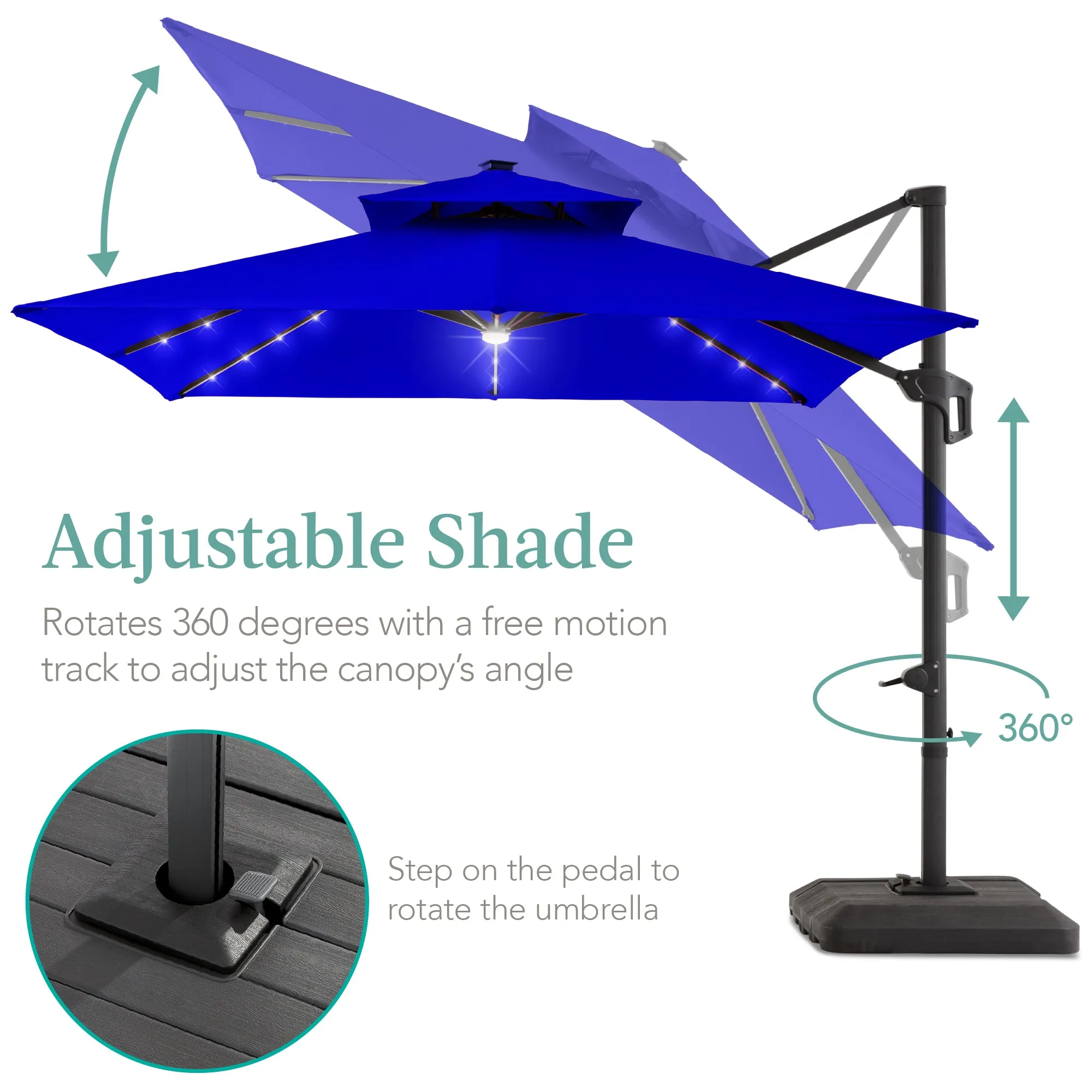 2-Tier Square LED Cantilever Offset Umbrella w/ 360 Rotation, Base - 10x10ft