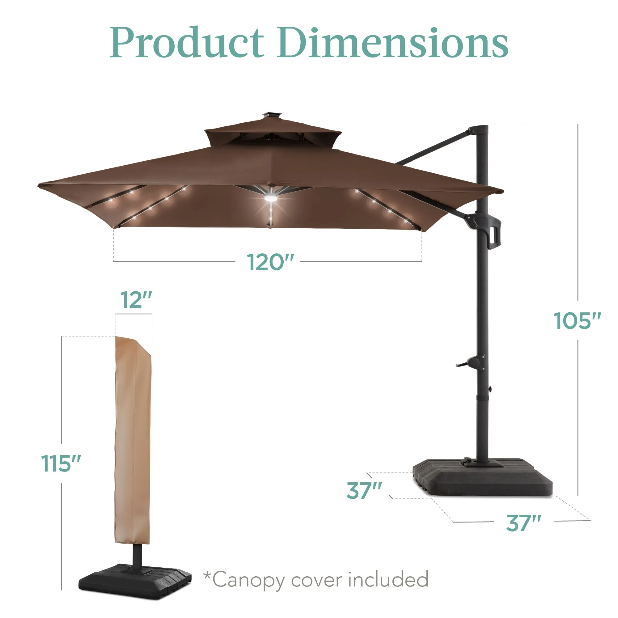 2-Tier Square LED Cantilever Offset Umbrella w/ 360 Rotation, Base - 10x10ft