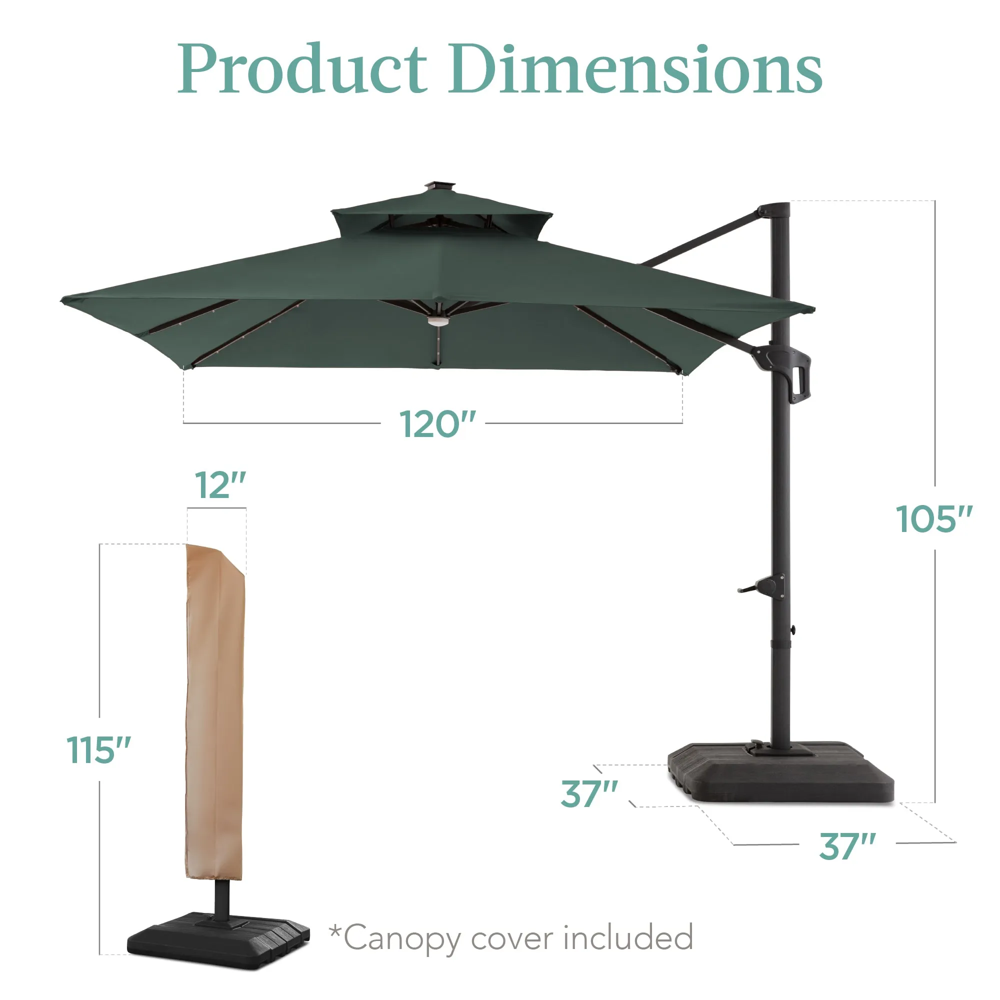 2-Tier Square LED Cantilever Offset Umbrella w/ 360 Rotation, Base - 10x10ft