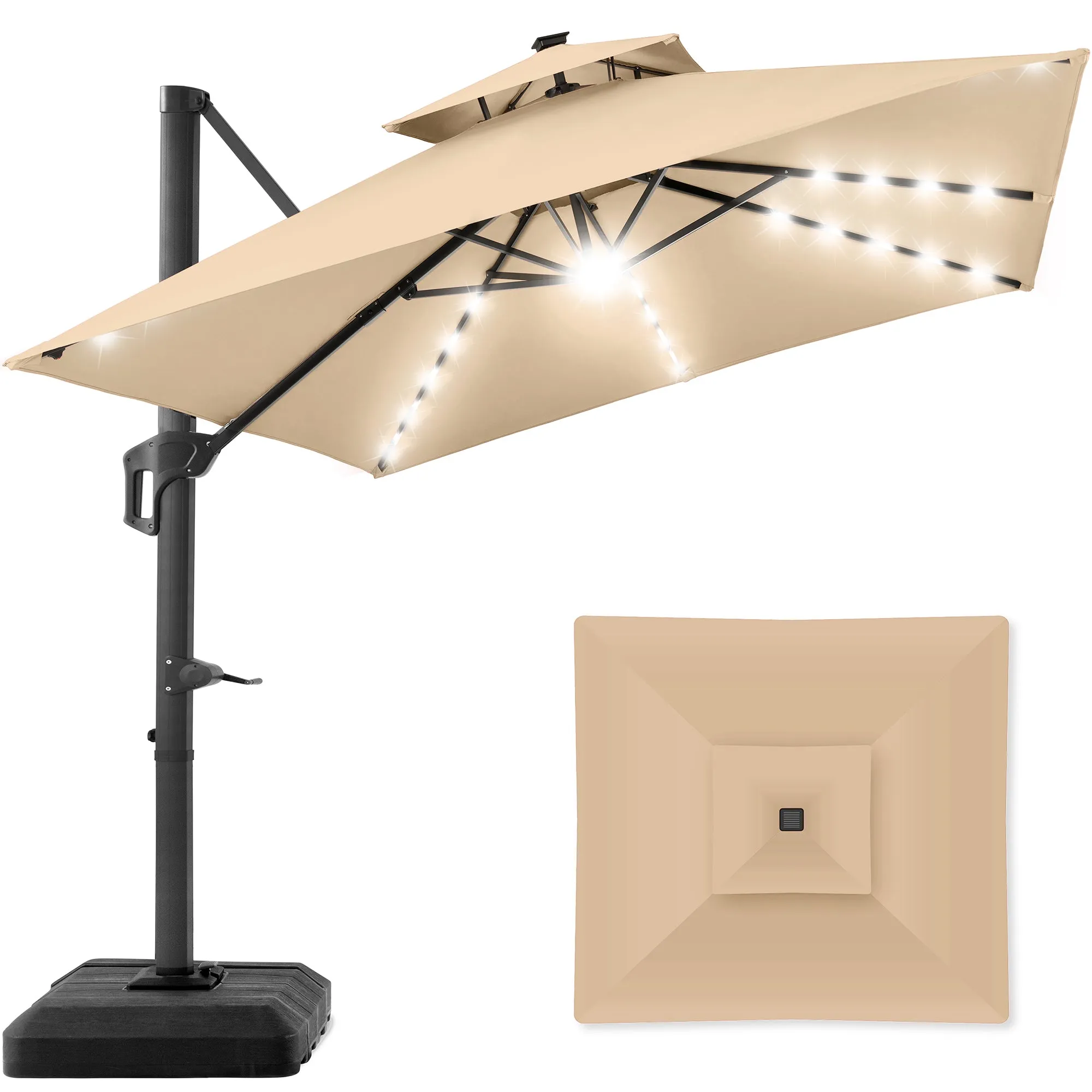 2-Tier Square LED Cantilever Offset Umbrella w/ 360 Rotation, Base - 10x10ft