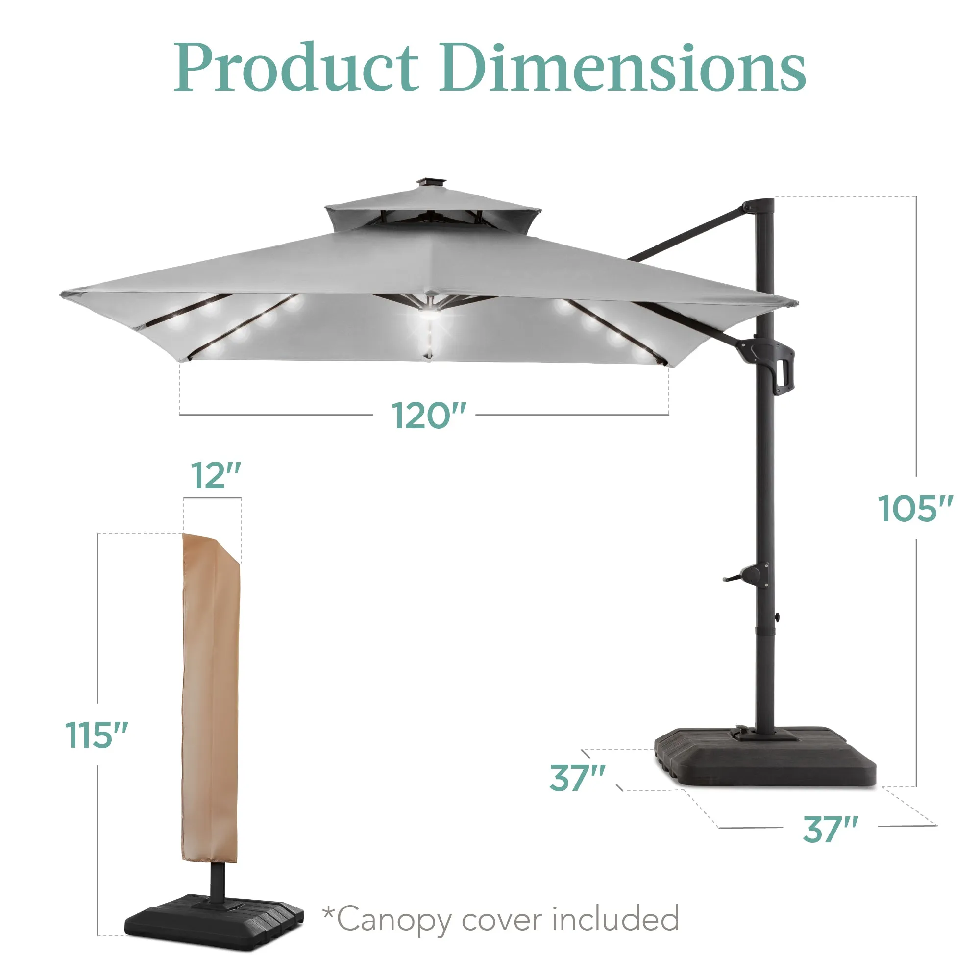 2-Tier Square LED Cantilever Offset Umbrella w/ 360 Rotation, Base - 10x10ft