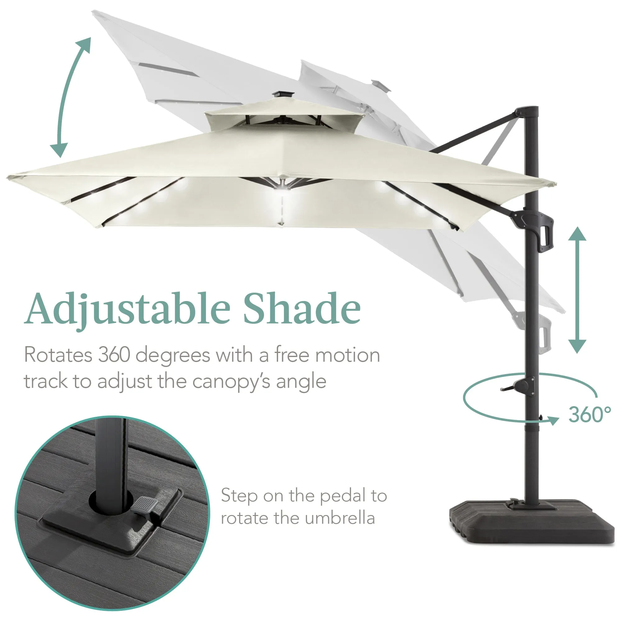 2-Tier Square LED Cantilever Offset Umbrella w/ 360 Rotation, Base - 10x10ft