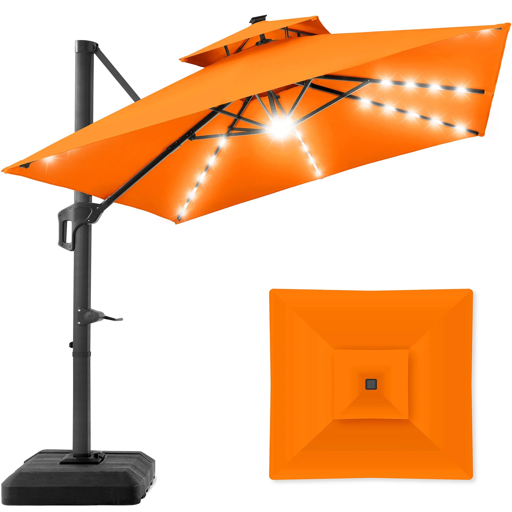 2-Tier Square LED Cantilever Offset Umbrella w/ 360 Rotation, Base - 10x10ft