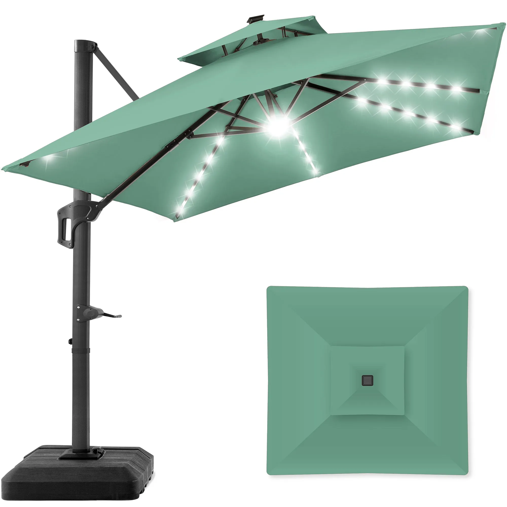 2-Tier Square LED Cantilever Offset Umbrella w/ 360 Rotation, Base - 10x10ft