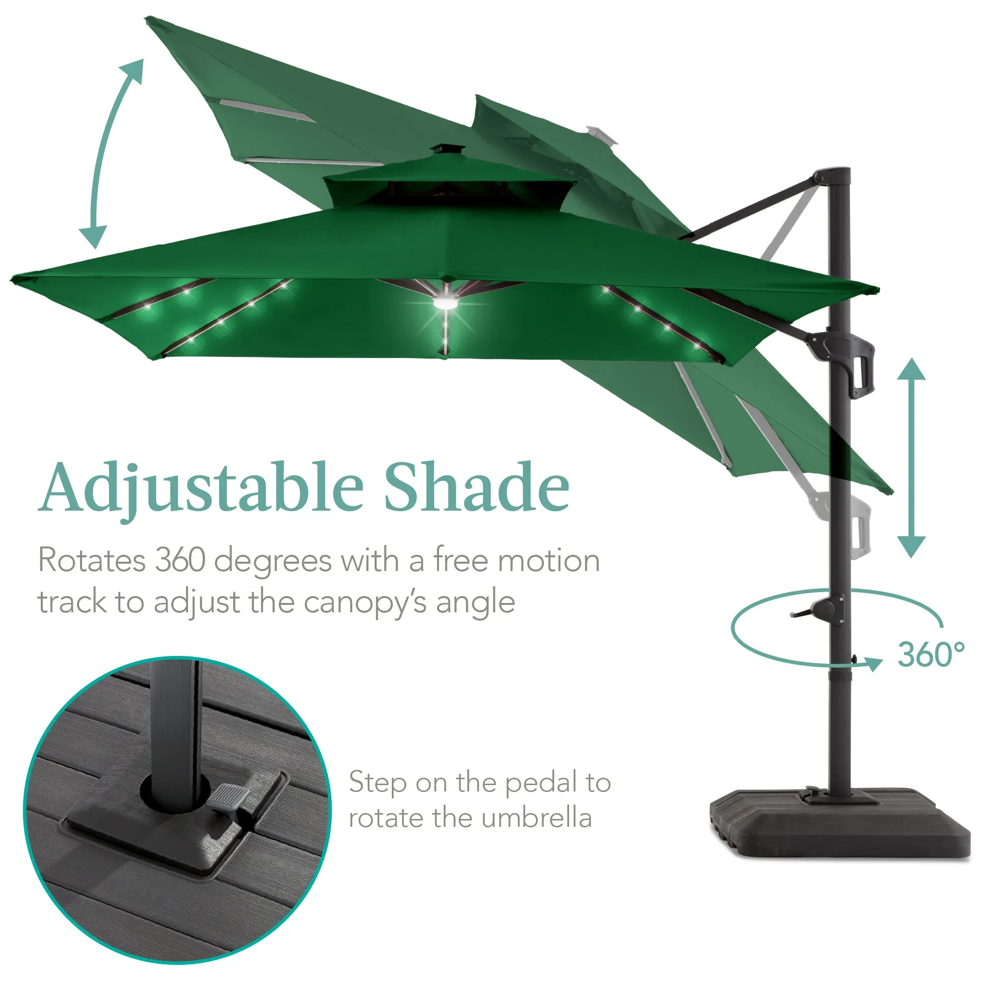 2-Tier Square LED Cantilever Offset Umbrella w/ 360 Rotation, Base - 10x10ft