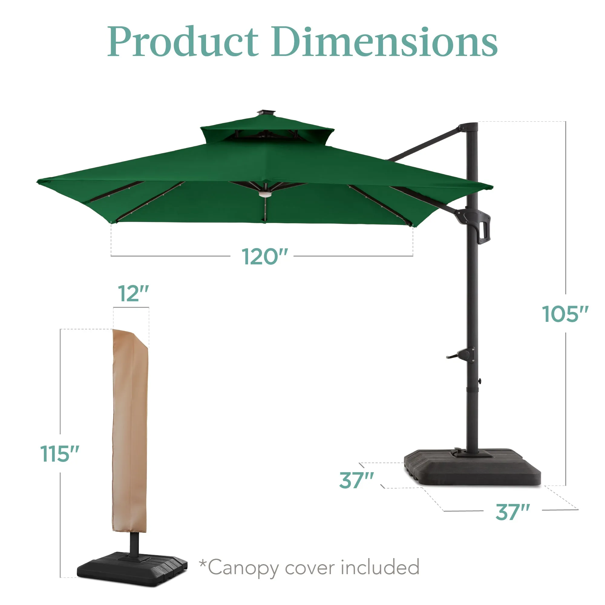 2-Tier Square LED Cantilever Offset Umbrella w/ 360 Rotation, Base - 10x10ft