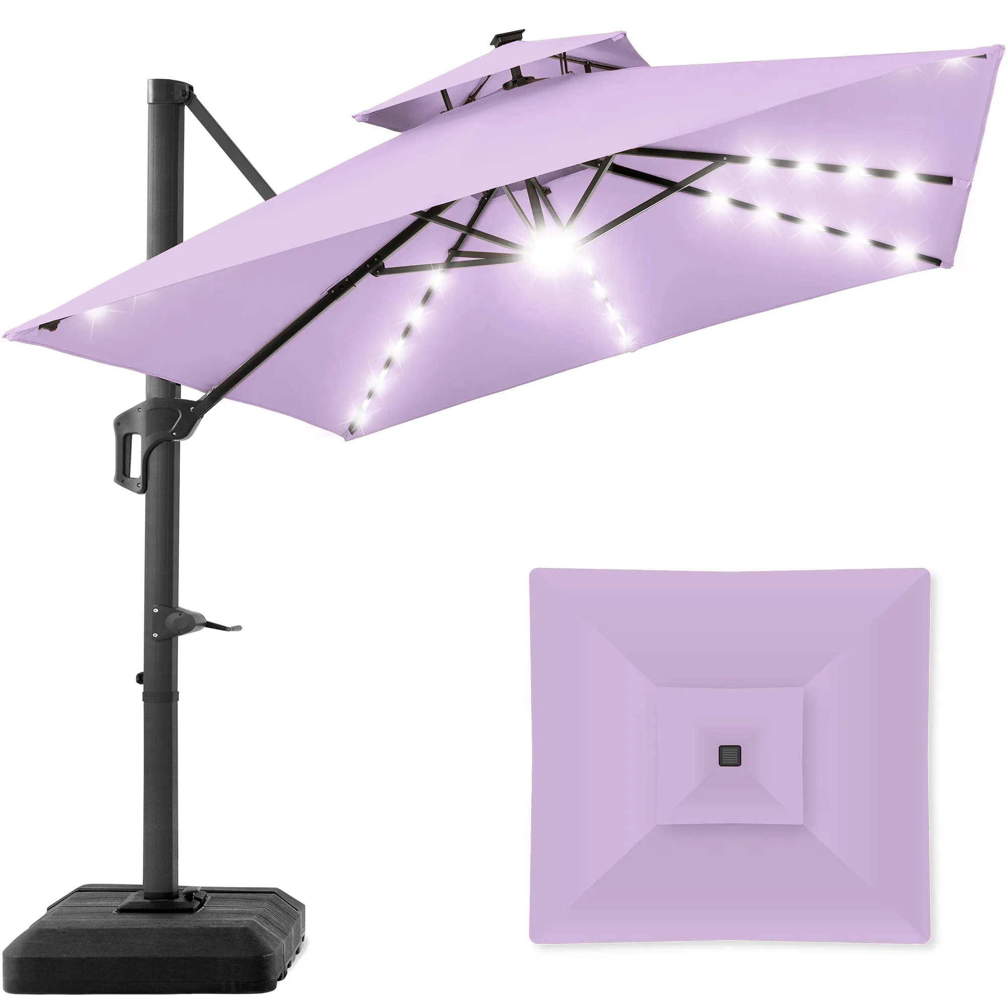 2-Tier Square LED Cantilever Offset Umbrella w/ 360 Rotation, Base - 10x10ft