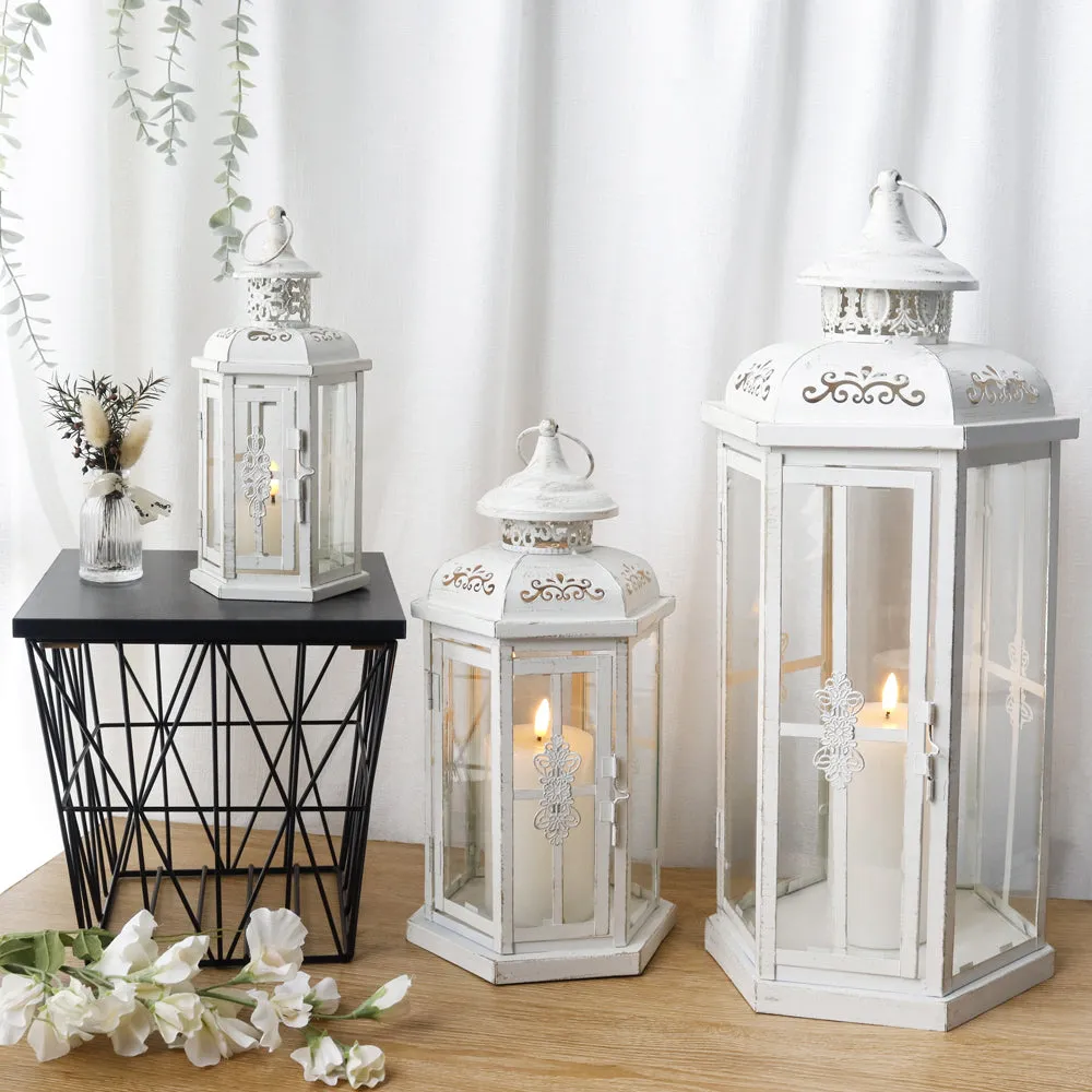 20''&14"&10" H Outdoor Candle Lanterns (White with Gold Brush)