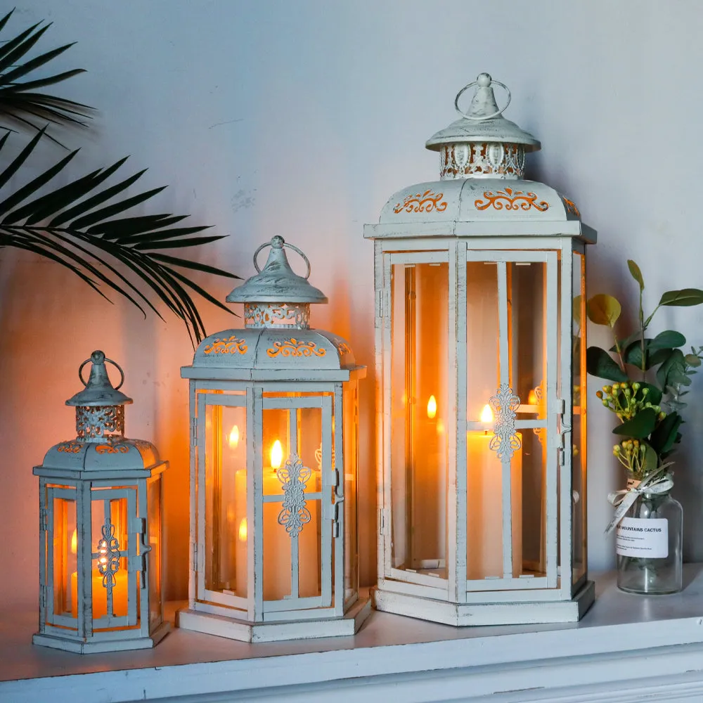 20''&14"&10" H Outdoor Candle Lanterns (White with Gold Brush)