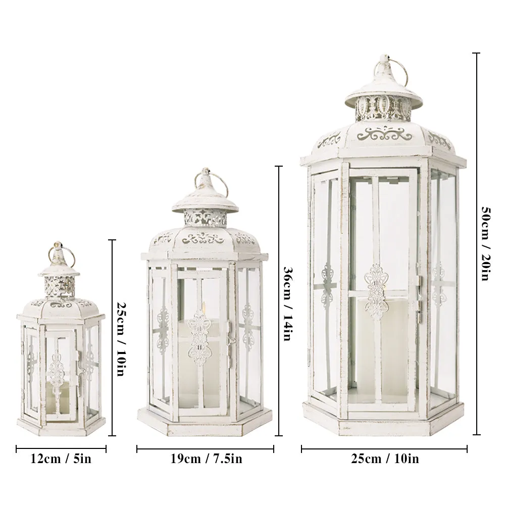 20''&14"&10" H Outdoor Candle Lanterns (White with Gold Brush)