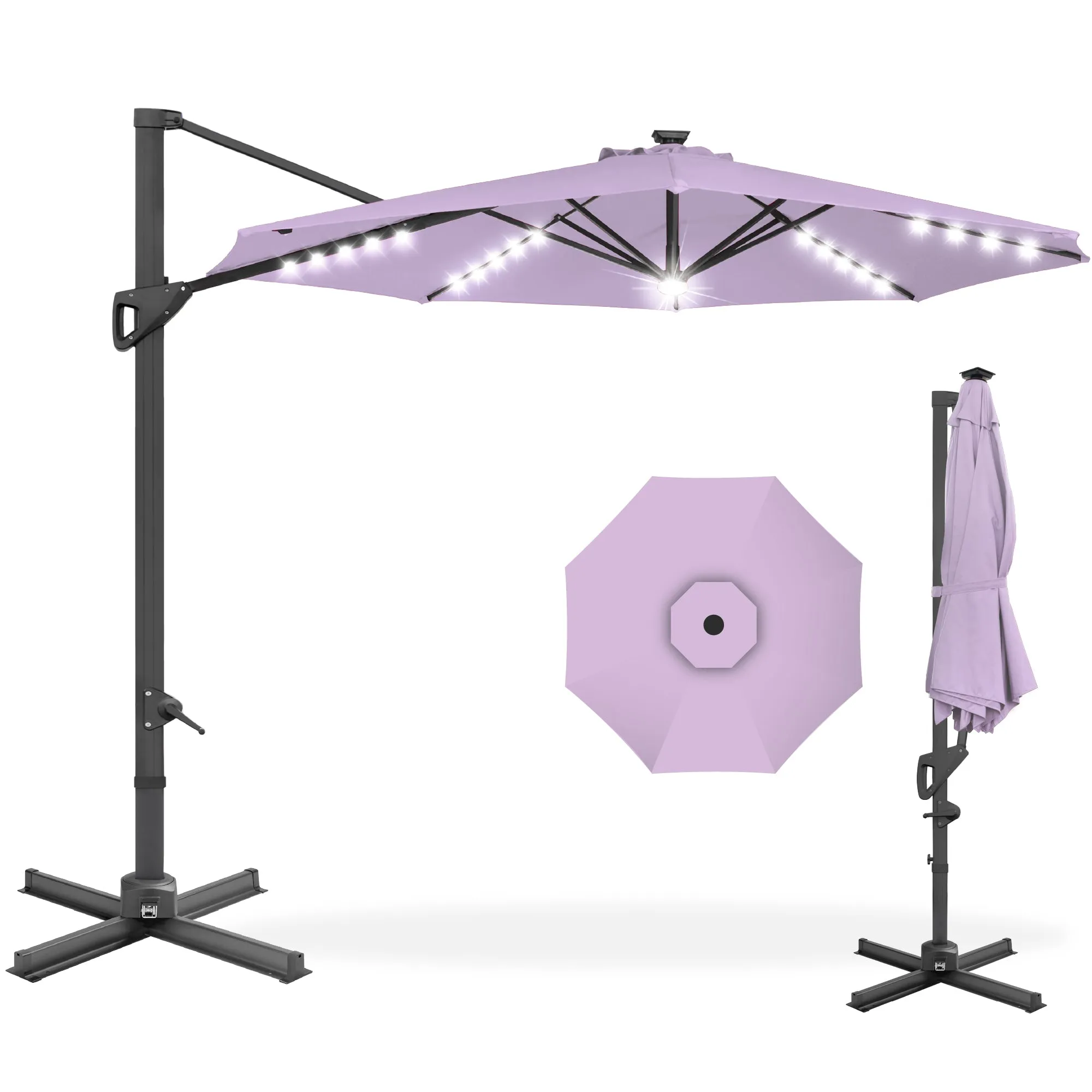 360-Degree Solar LED Cantilever Offset Patio Umbrella w/ Tilt - 10ft