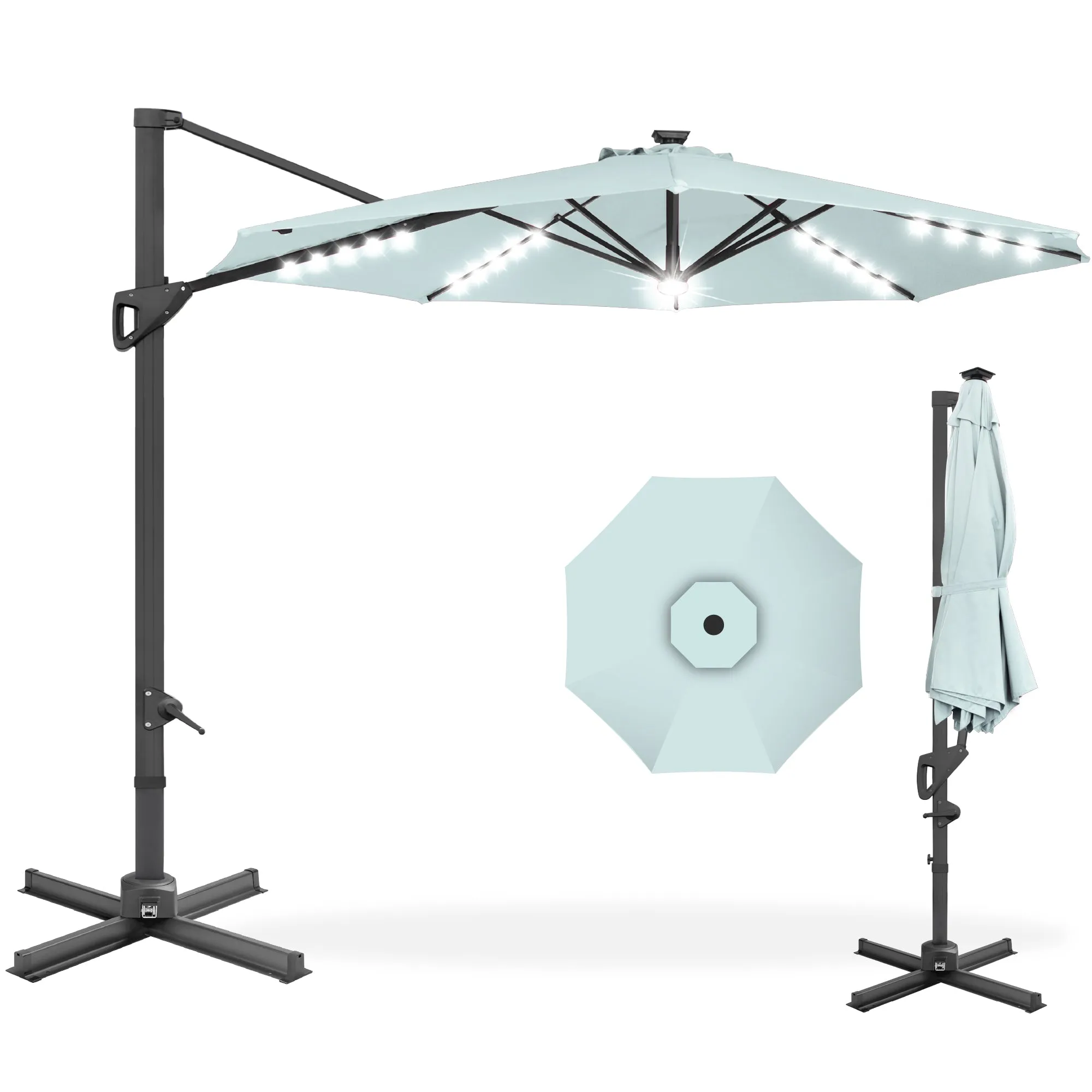 360-Degree Solar LED Cantilever Offset Patio Umbrella w/ Tilt - 10ft