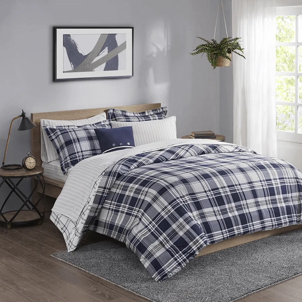 6-Piece Navy Plaid Comforter Set with Sheets