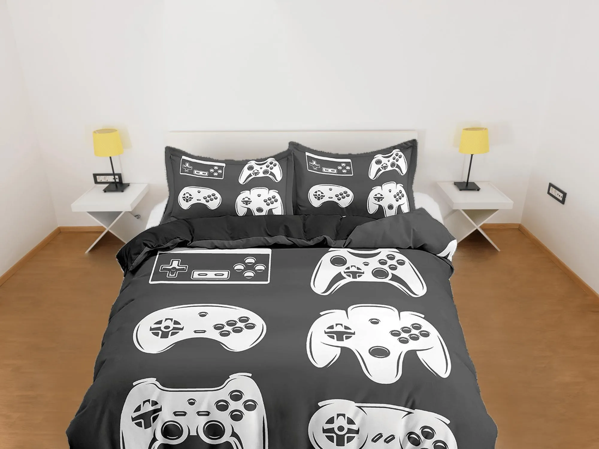 90s nostalgia gamer bedding black and white duvet cover, video gamer boyfriend gift bedding set full king queen, boys bedroom dorm bedding