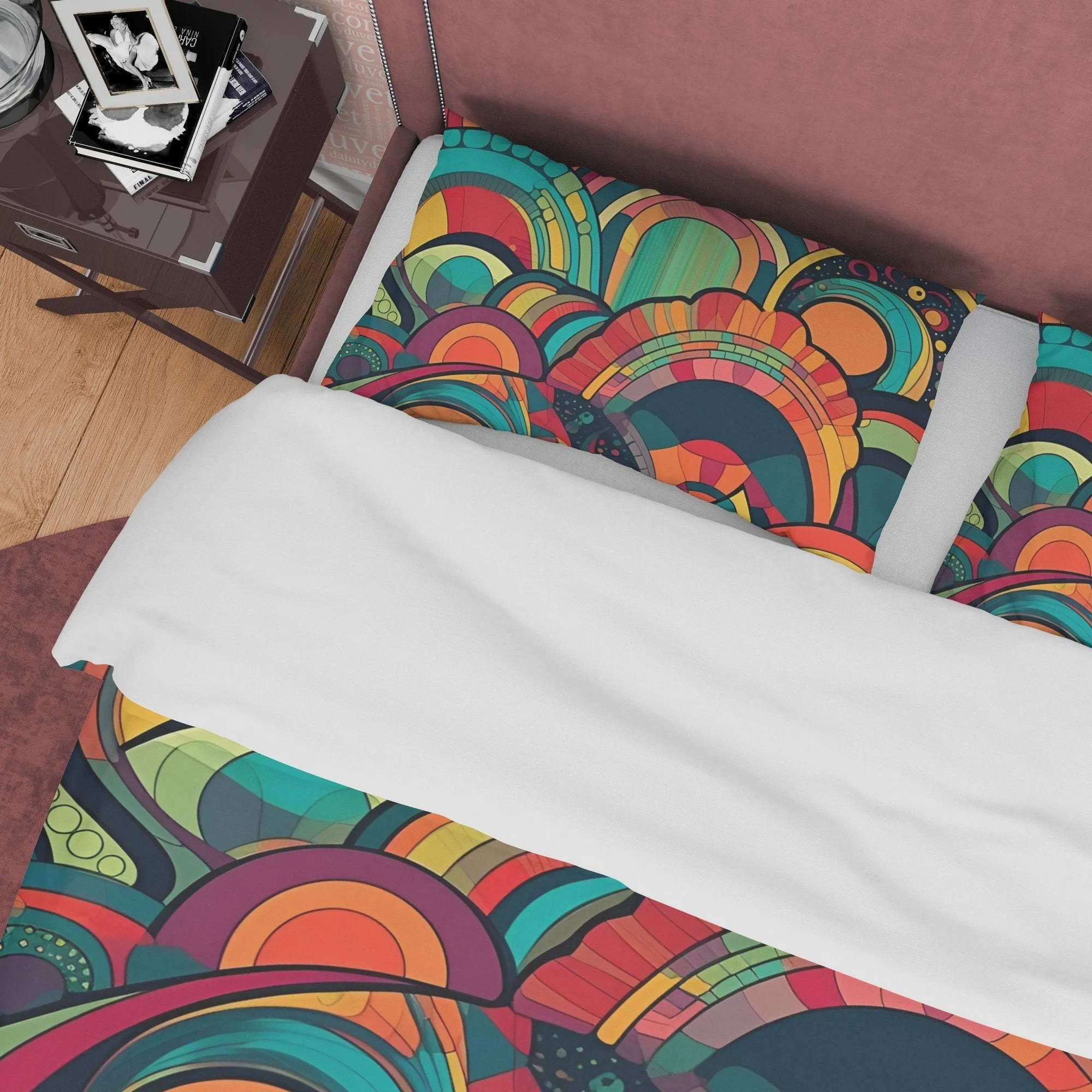 Abstract Design Duvet Cover Retro Bedding Set, Colorful Blanket Cover, 70's Nostalgia Quilt Cover, Unique Pattern Bedspread, Zipper Bedding