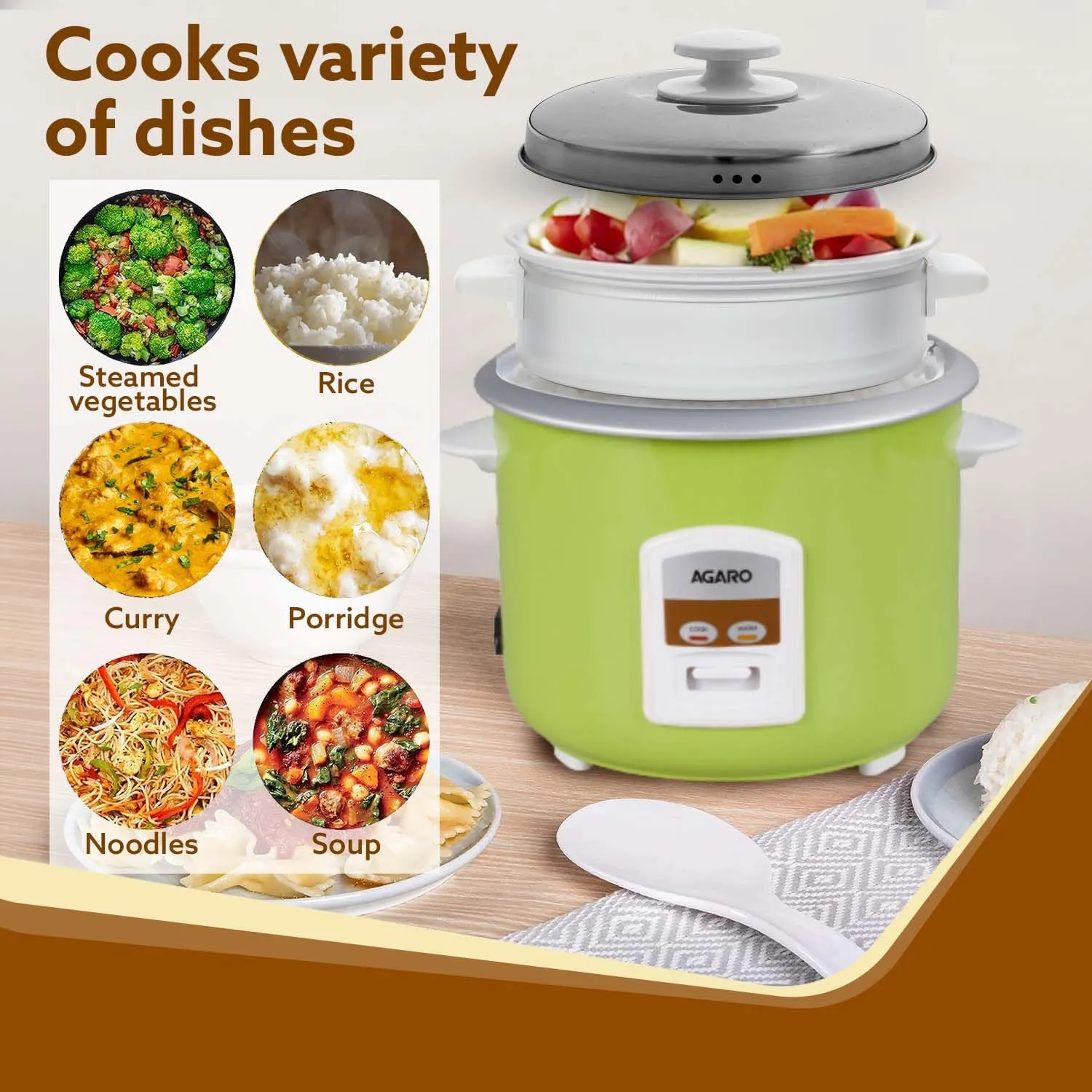 AGARO Marvel Electric Rice Cooker, 1.8 Liter, 700W, Automatic Boiler, Steamer, Removable Aluminium Pot, Stainless Steel Lid, Keep Warm Function, Trivet Plate, Rice, Veggies, Green