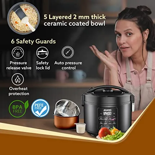 AGARO Regal Electric Rice Cooker, 3 Liters Ceramic Inner Bowl, Cooks Up to 600 Gms Raw Rice, SS Steamer, Preset Cooking Functions, Preset Timer, Keep Warm Function, LED Display, Black