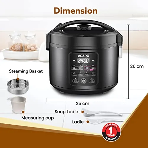 AGARO Regal Electric Rice Cooker, 3 Liters Ceramic Inner Bowl, Cooks Up to 600 Gms Raw Rice, SS Steamer, Preset Cooking Functions, Preset Timer, Keep Warm Function, LED Display, Black