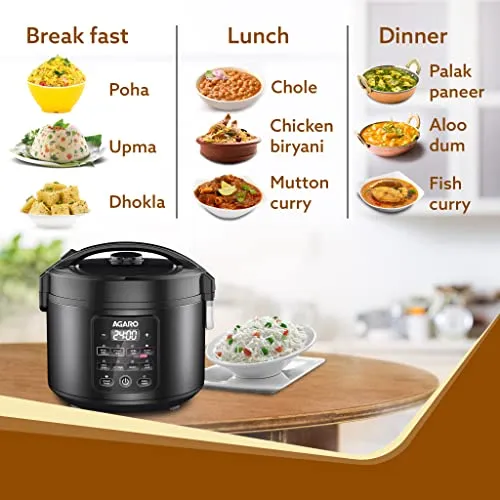 AGARO Regal Electric Rice Cooker, 3 Liters Ceramic Inner Bowl, Cooks Up to 600 Gms Raw Rice, SS Steamer, Preset Cooking Functions, Preset Timer, Keep Warm Function, LED Display, Black