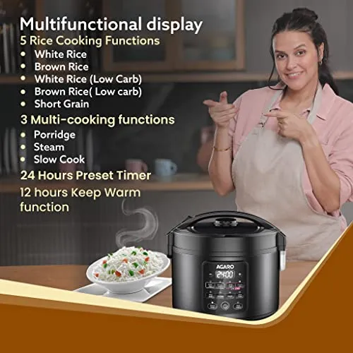 AGARO Regal Electric Rice Cooker, 3 Liters Ceramic Inner Bowl, Cooks Up to 600 Gms Raw Rice, SS Steamer, Preset Cooking Functions, Preset Timer, Keep Warm Function, LED Display, Black