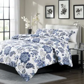 Alyssa - 3 Piece Large Blue Floral Comforter Set