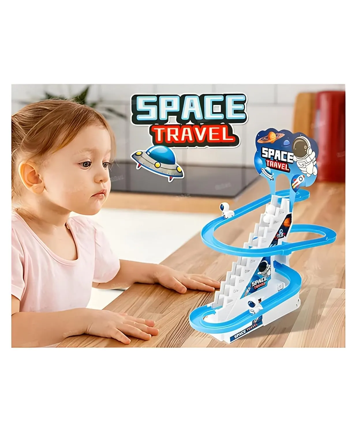 Astronaut Track Toys for Kids - Small Astronaut Stair Climbing Toys for Kids, Escalator Toy with Lights and Music - 3 Astronaut Included (Astronaut Track Set)