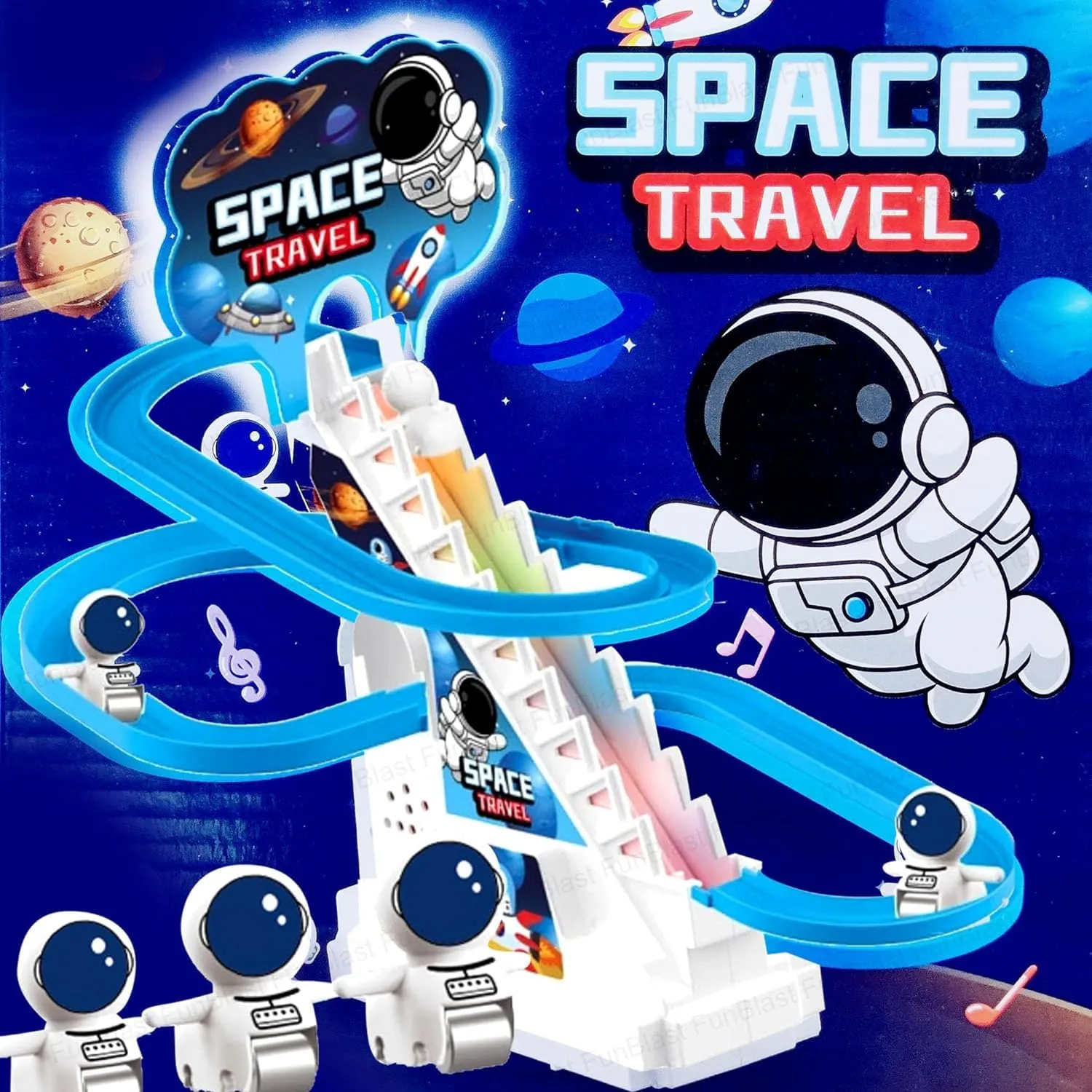 Astronaut Track Toys for Kids - Small Astronaut Stair Climbing Toys for Kids, Escalator Toy with Lights and Music - 3 Astronaut Included (Astronaut Track Set)