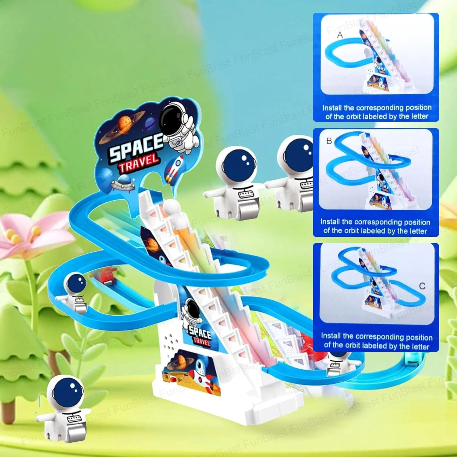 Astronaut Track Toys for Kids - Small Astronaut Stair Climbing Toys for Kids, Escalator Toy with Lights and Music - 3 Astronaut Included (Astronaut Track Set)