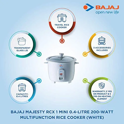 Bajaj Majesty RCX 1 Mini 0.4-Litre Multifunction Rice Cooker (White)