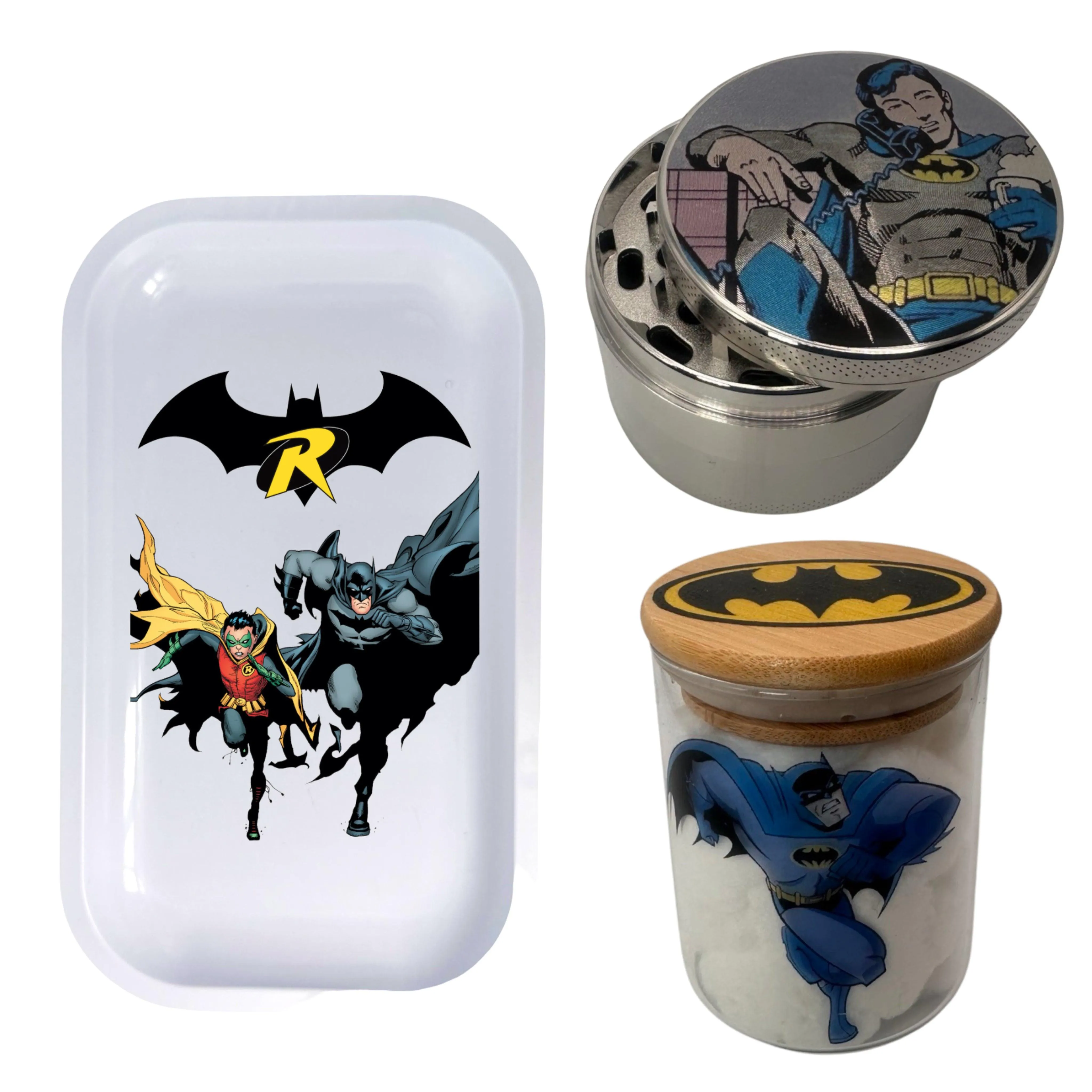 Batman and Robin Comic Spice Grinder, Stash Jar, Rolling Tray Set