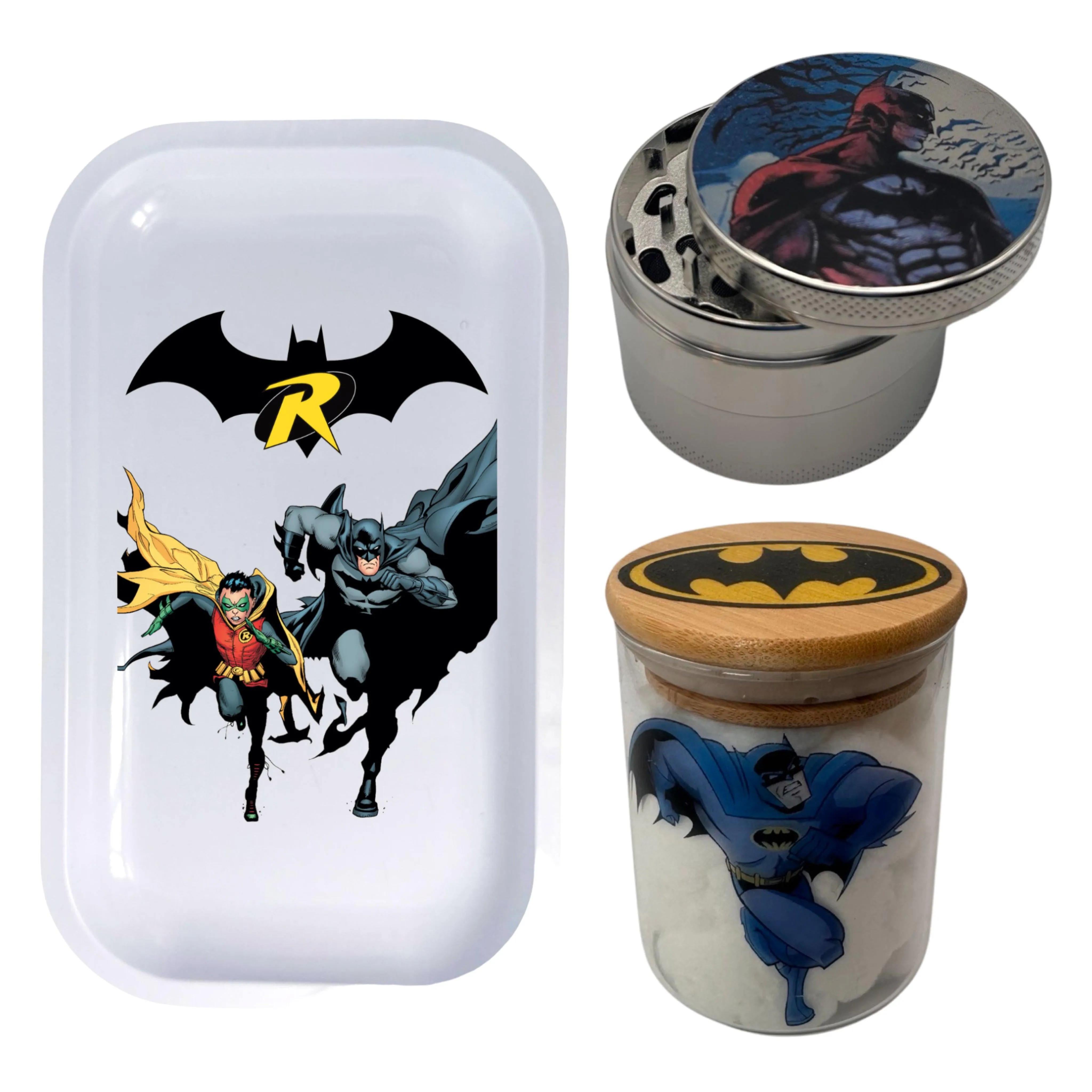 Batman and Robin Comic Spice Grinder, Stash Jar, Rolling Tray Set