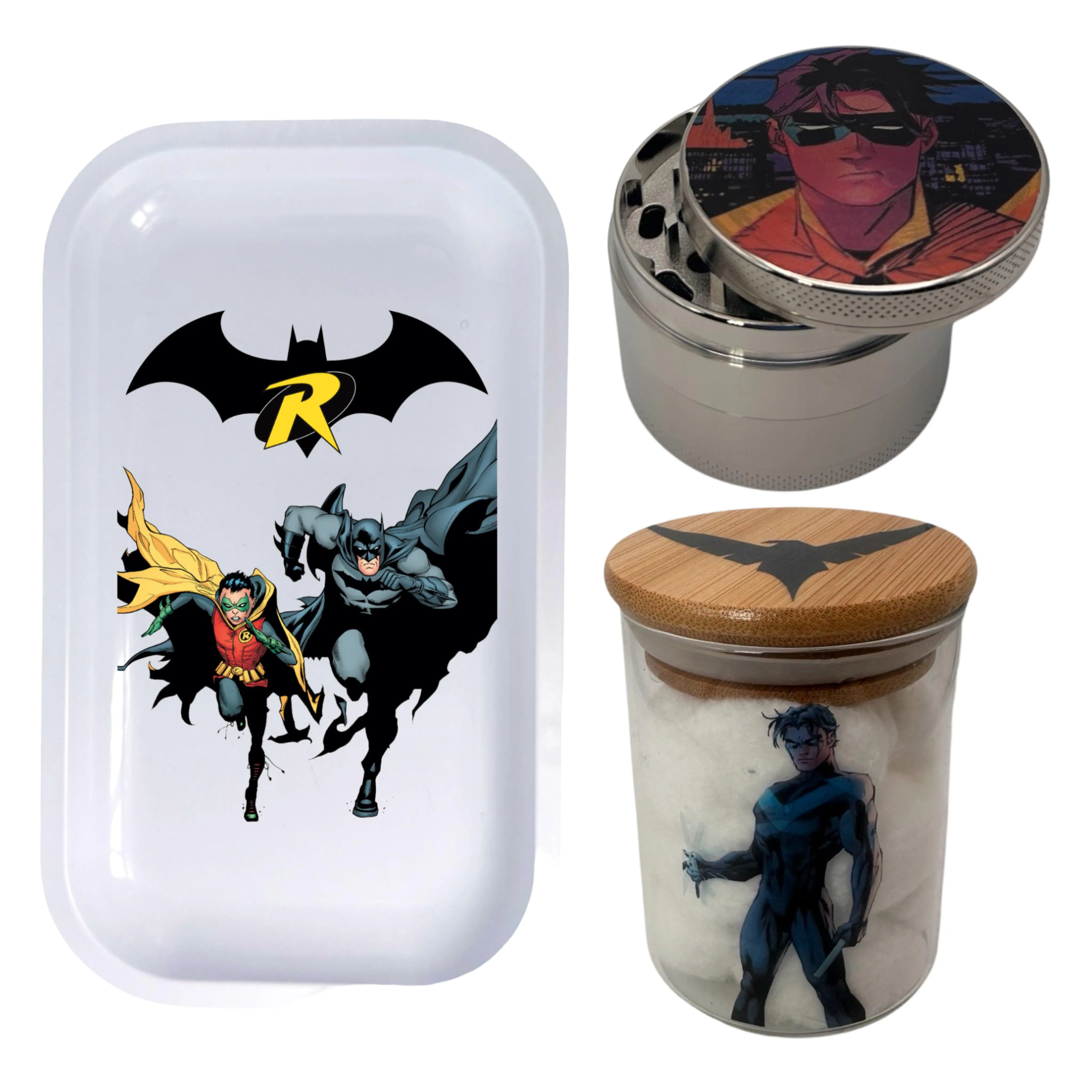 Batman and Robin Comic Spice Grinder, Stash Jar, Rolling Tray Set