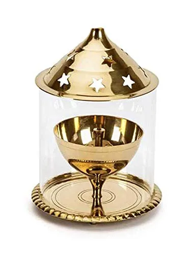 BDMP Akhand Diya Decorative Brass & Glass Oil Lamp,Tea Light Holder Lantern for Durga Pooja & Diwali-Cylinderical Shaped (4 inch)