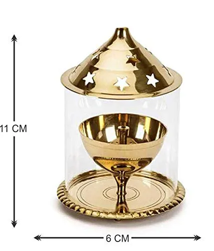 BDMP Akhand Diya Decorative Brass & Glass Oil Lamp,Tea Light Holder Lantern for Durga Pooja & Diwali-Cylinderical Shaped (4 inch)