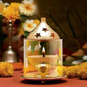 BDMP Akhand Diya Decorative Brass & Glass Oil Lamp,Tea Light Holder Lantern for Durga Pooja & Diwali-Cylinderical Shaped (4 inch)