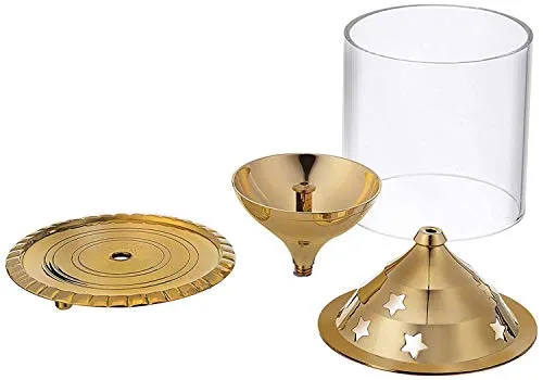 BDMP Akhand Diya Decorative Brass & Glass Oil Lamp,Tea Light Holder Lantern for Durga Pooja & Diwali-Cylinderical Shaped (4 inch)