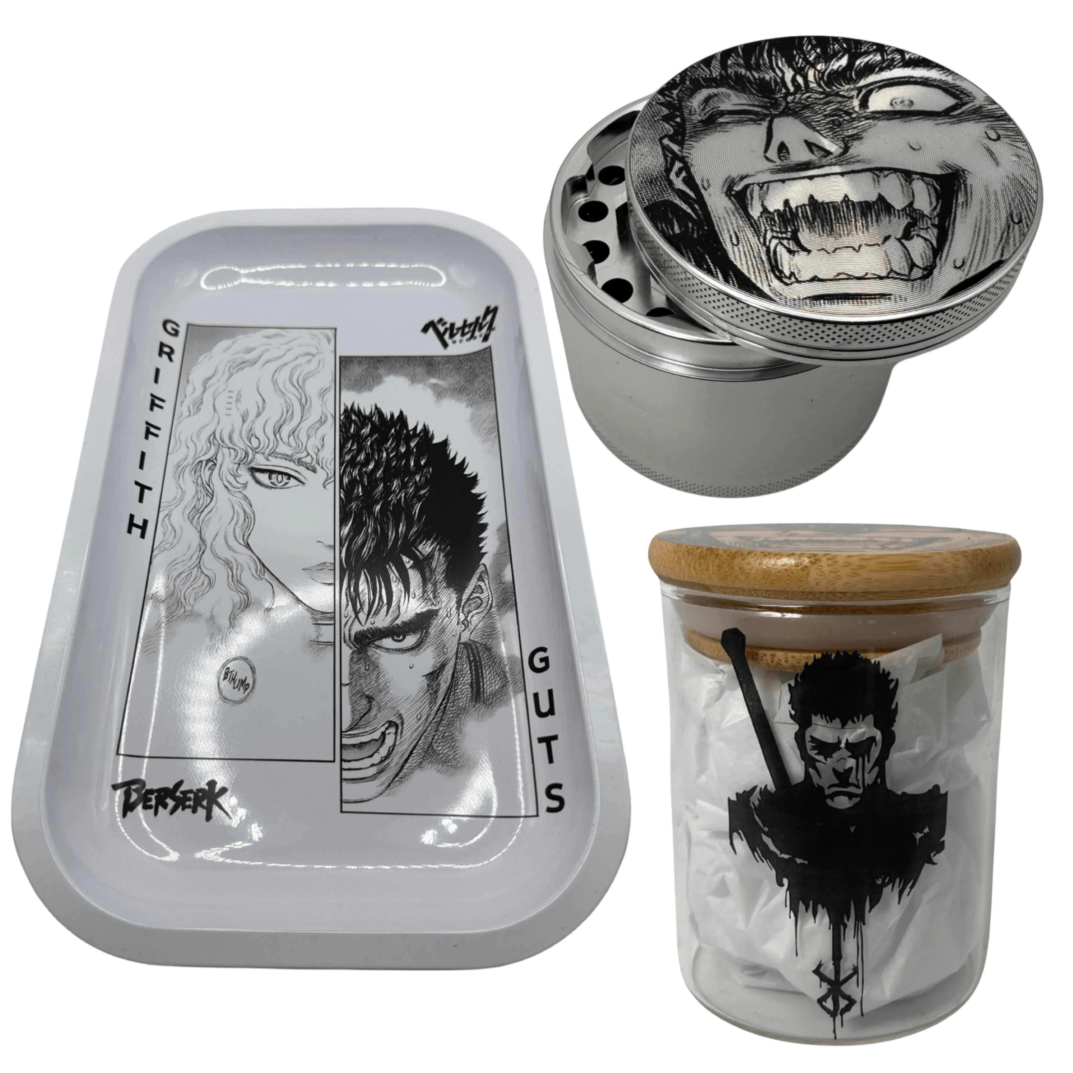 Berserk Anime Spice Grinder, Stash Jar, Rolling Tray Set