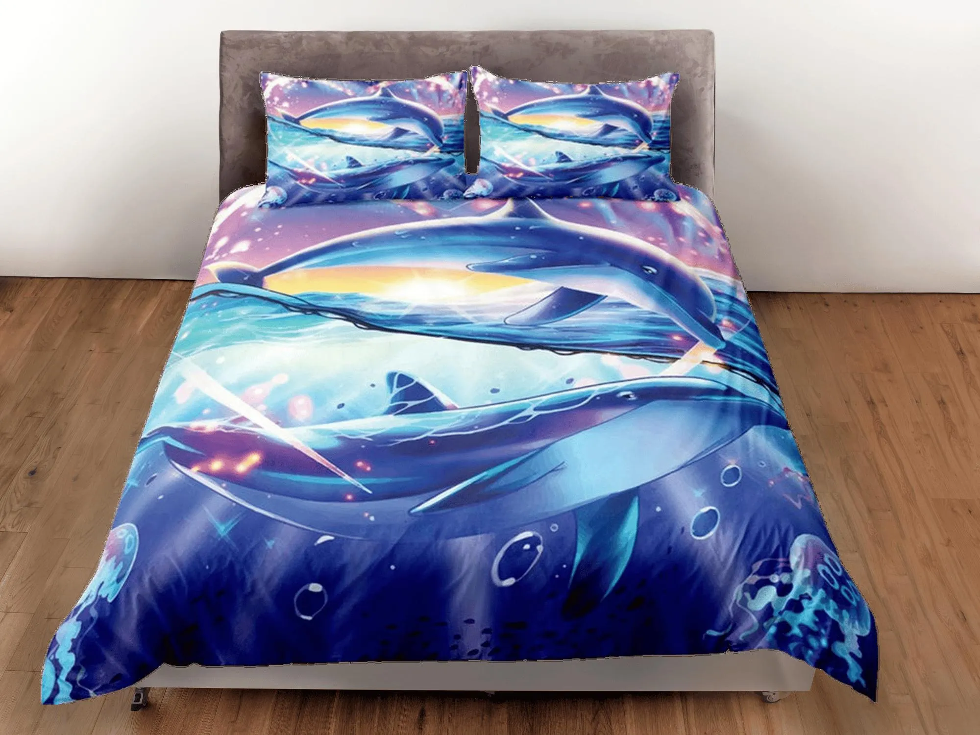 Big dolphin bedding purple duvet cover, ocean blush decor bottle nose dolphin bedding set full king queen twin, college dorm bedding gift