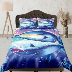 Big dolphin bedding purple duvet cover, ocean blush decor bottle nose dolphin bedding set full king queen twin, college dorm bedding gift