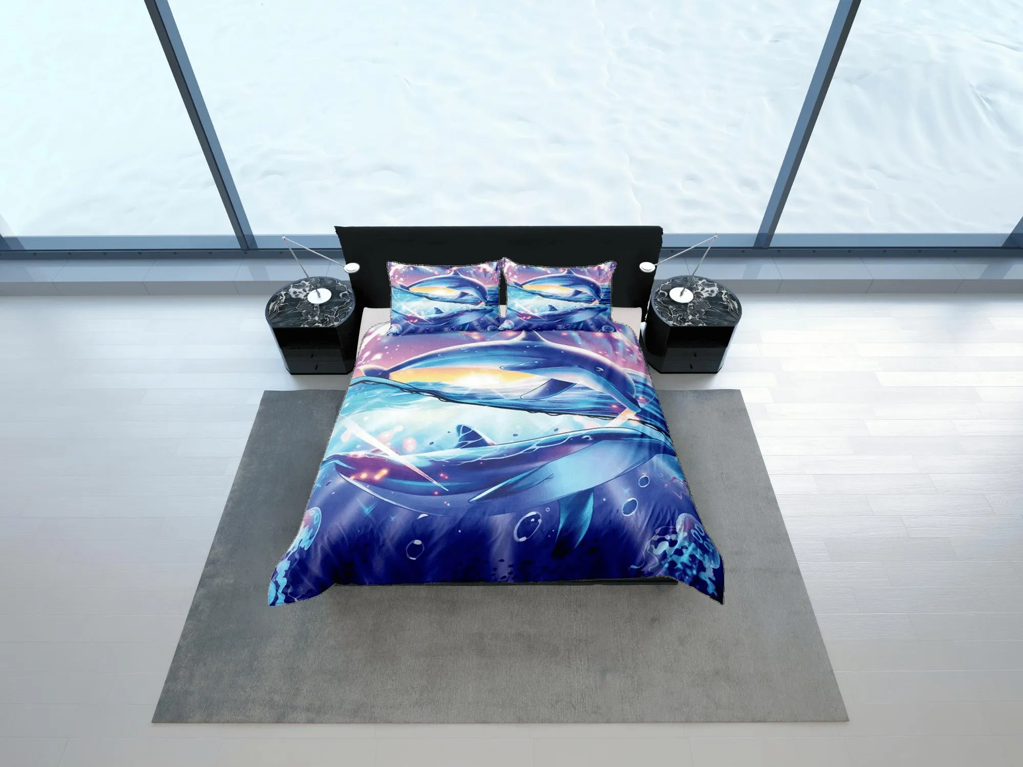 Big dolphin bedding purple duvet cover, ocean blush decor bottle nose dolphin bedding set full king queen twin, college dorm bedding gift