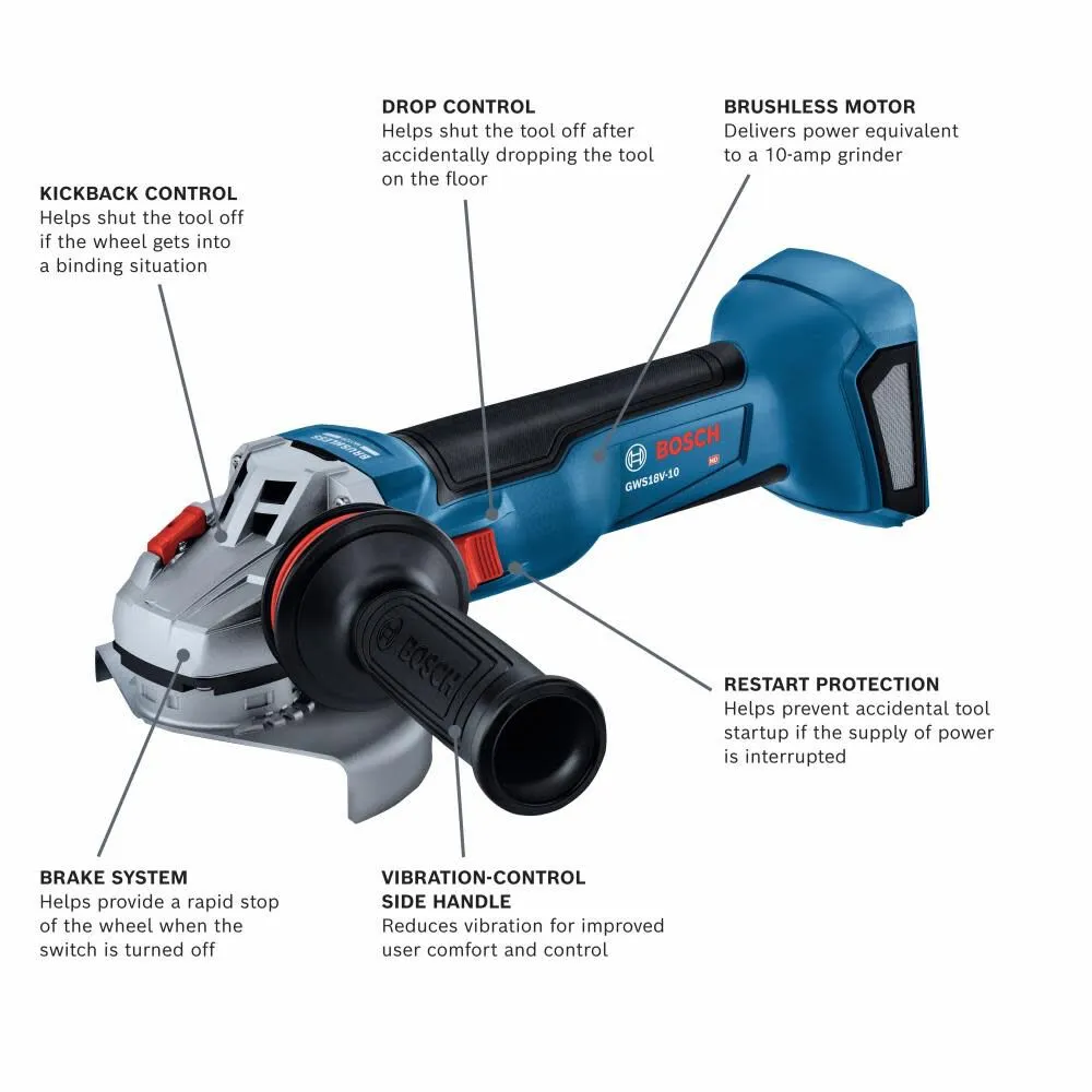 Bosch GWS18V-10N 18V Brushless 4-1/2 - 5" Angle Grinder with Slide Switch (Bare Tool)