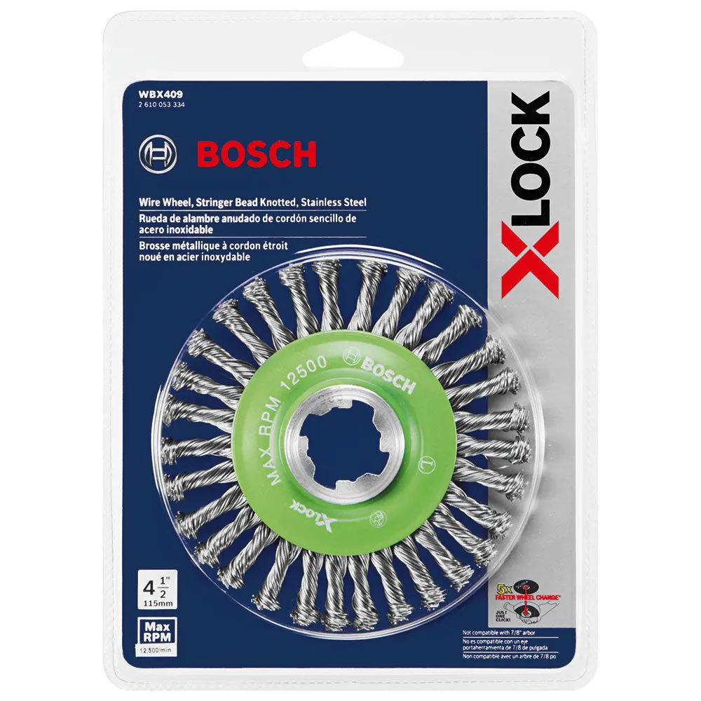 Bosch WBX409 4-1/2" Wire Wheel, Stringer Bead Knotted, Stainless Steel, X-Lock